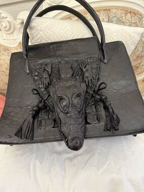 Black Croc-Embossed Top-Handle Satchel with Sculpted Accent